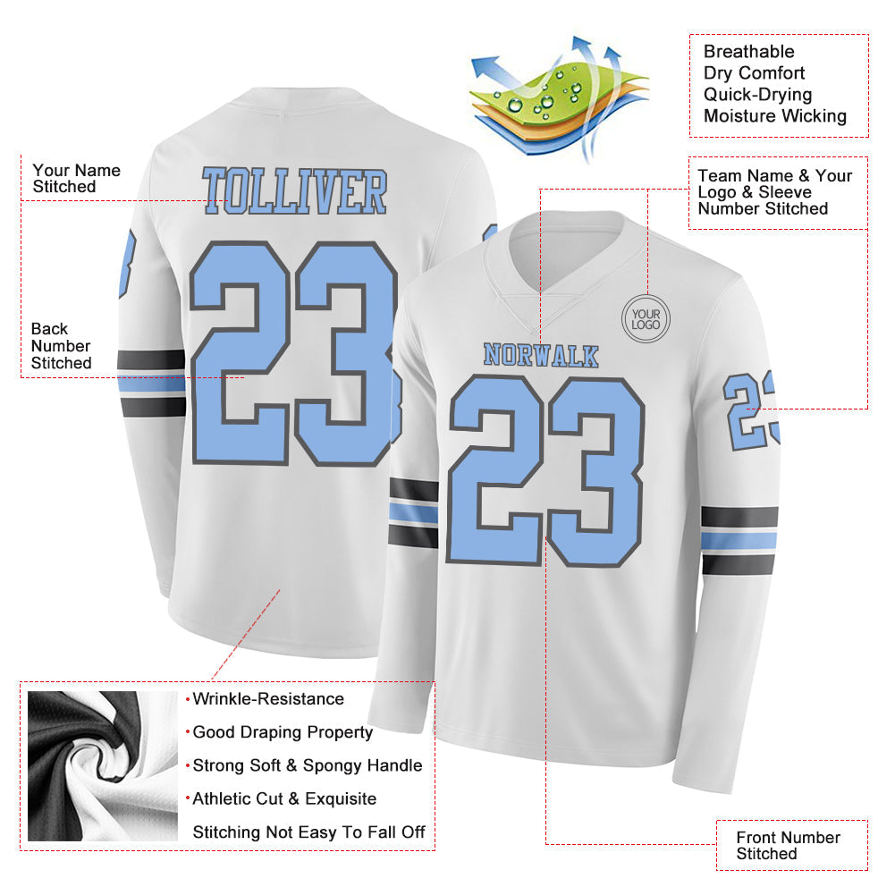 Custom White Light Blue-Steel Gray Long Sleeve Authentic Football Jersey