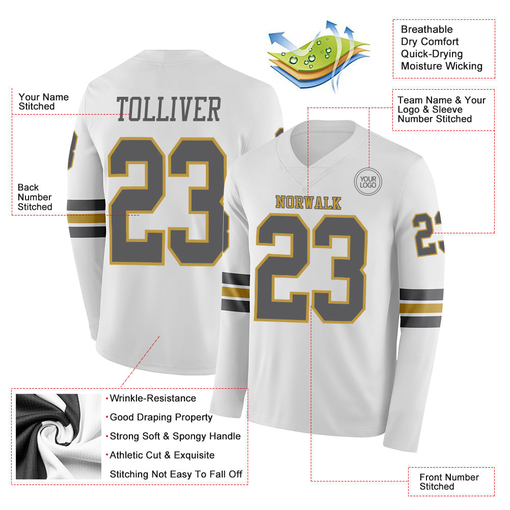 Custom White Steel Gray-Old Gold Long Sleeve Authentic Football Jersey