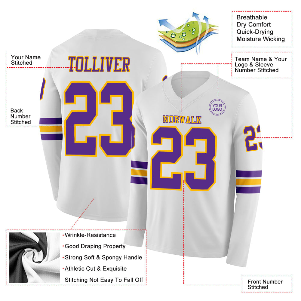 Custom White Purple-Gold Long Sleeve Authentic Football Jersey