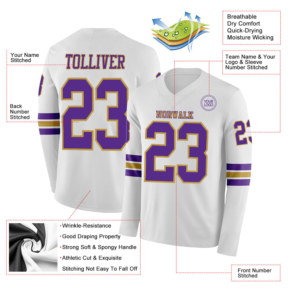 Custom White Purple-Old Gold Long Sleeve Authentic Football Jersey
