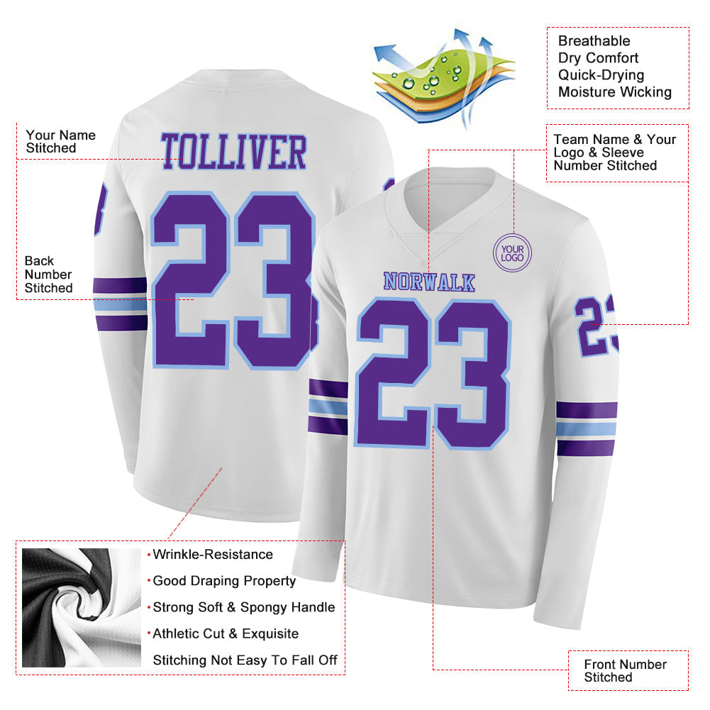 Custom White Purple-Light Blue Long Sleeve Authentic Football Jersey