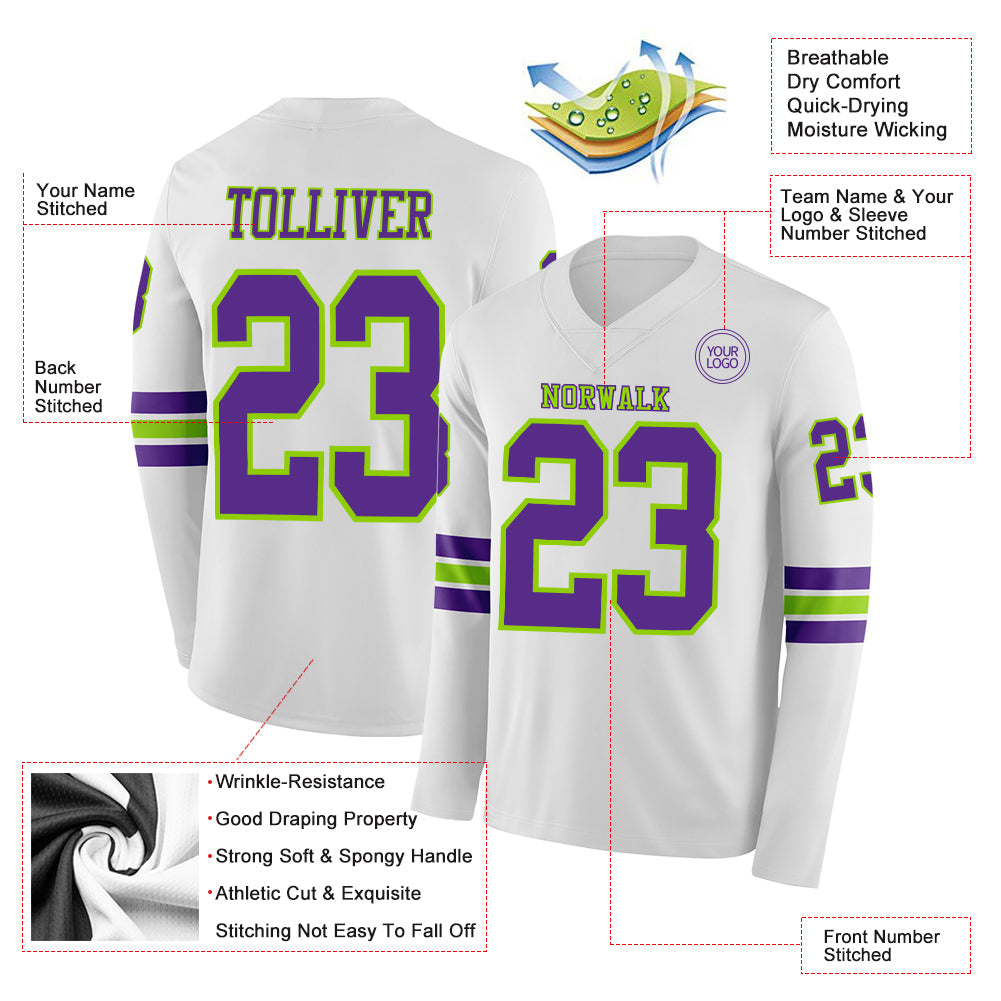 Custom White Purple-Neon Green Long Sleeve Authentic Football Jersey