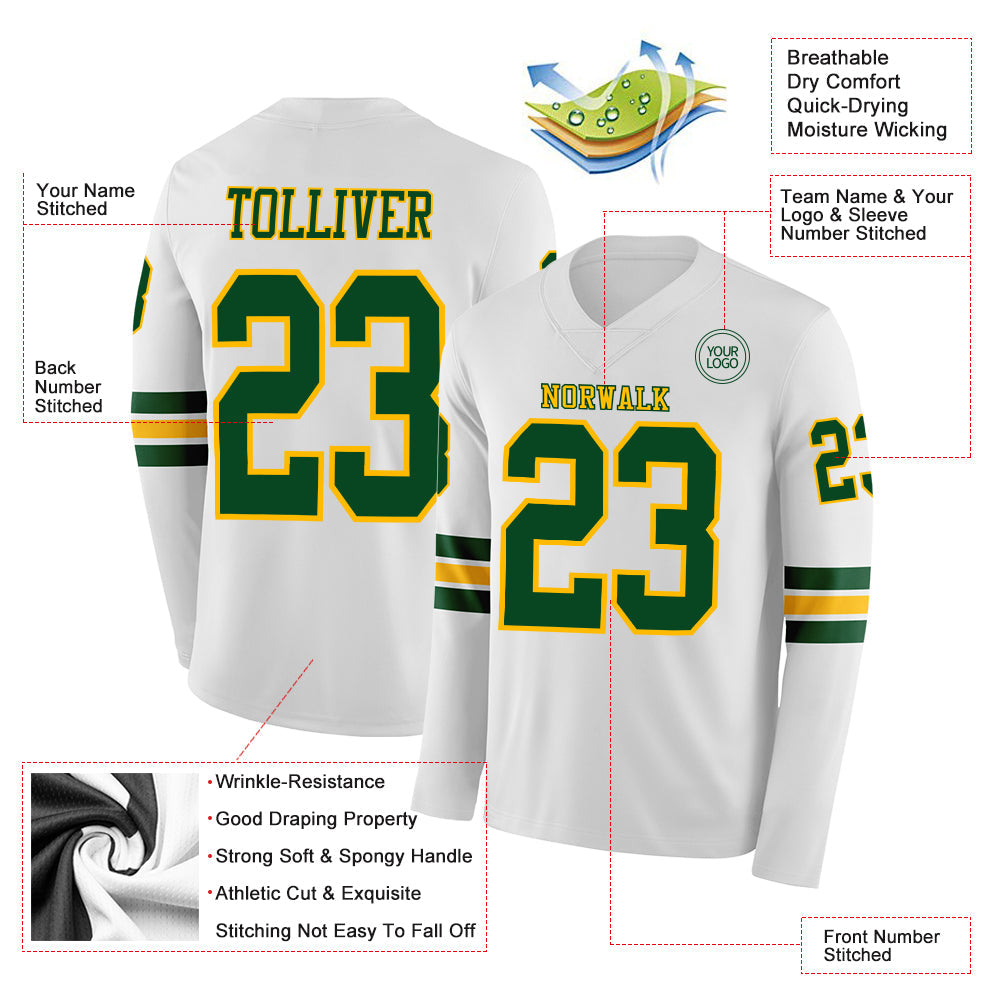 Custom White Green-Gold Long Sleeve Authentic Football Jersey