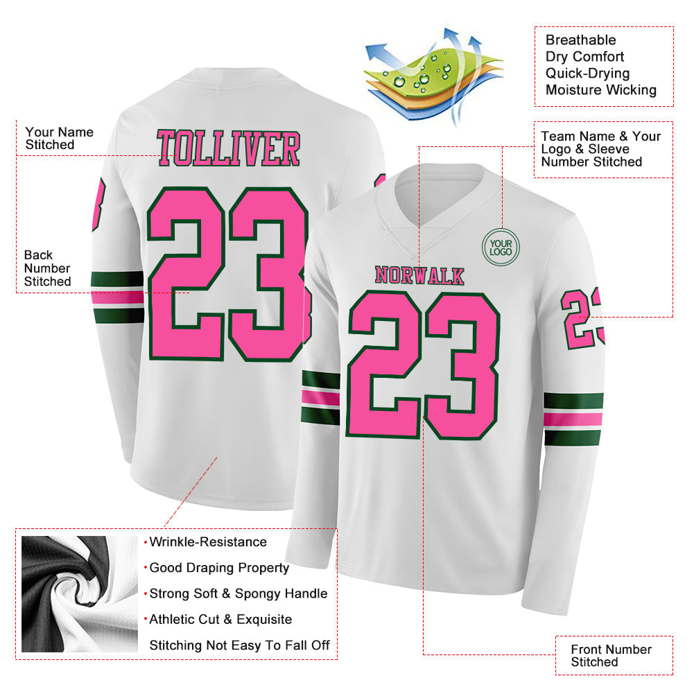 Custom White Pink-Green Long Sleeve Authentic Football Jersey