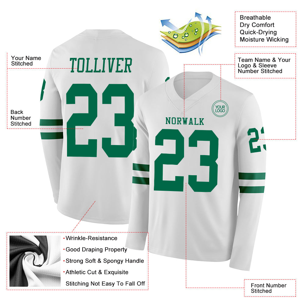 Custom White Kelly Green Long Sleeve Authentic Football Jersey