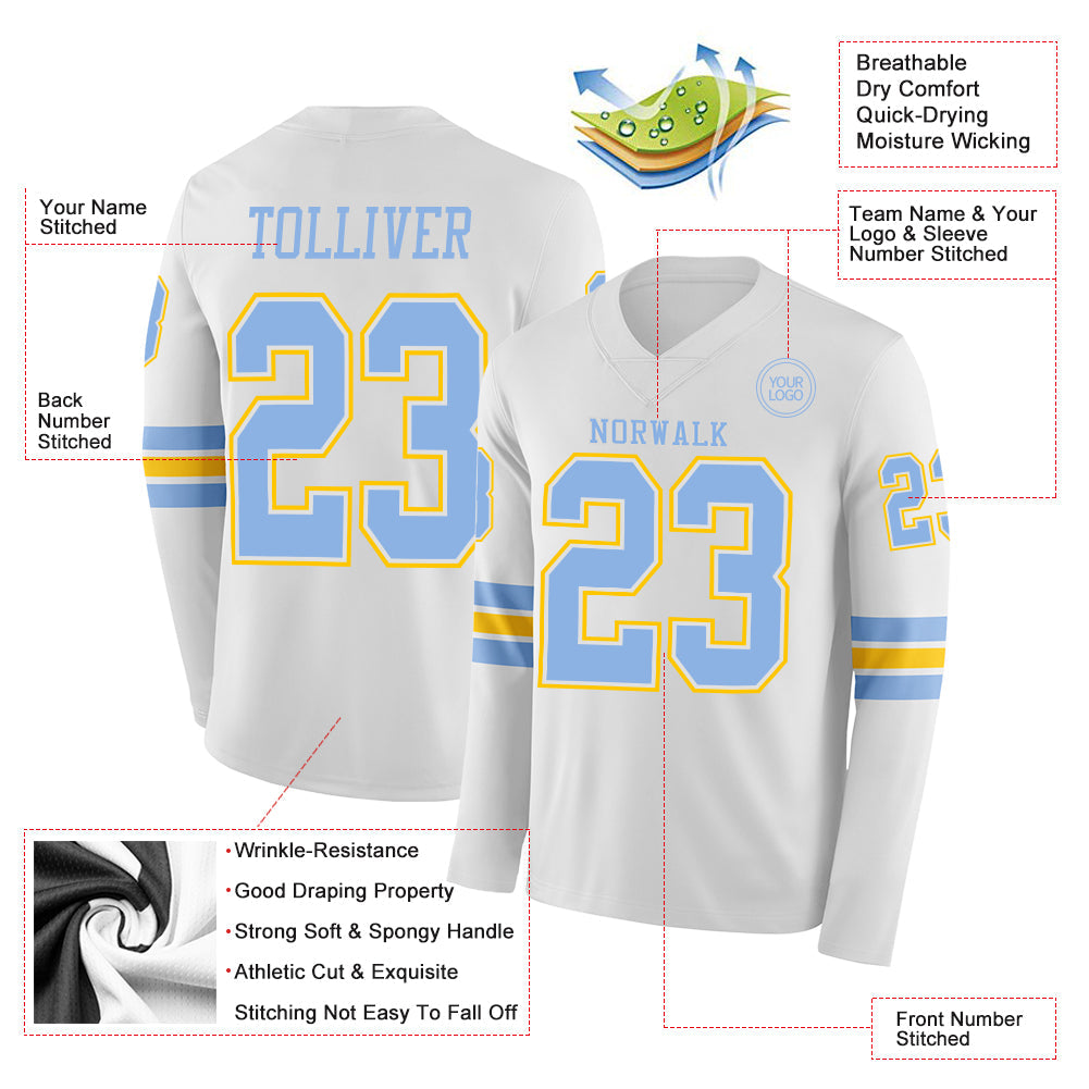 Custom White Light Blue-Yellow Long Sleeve Authentic Football Jersey
