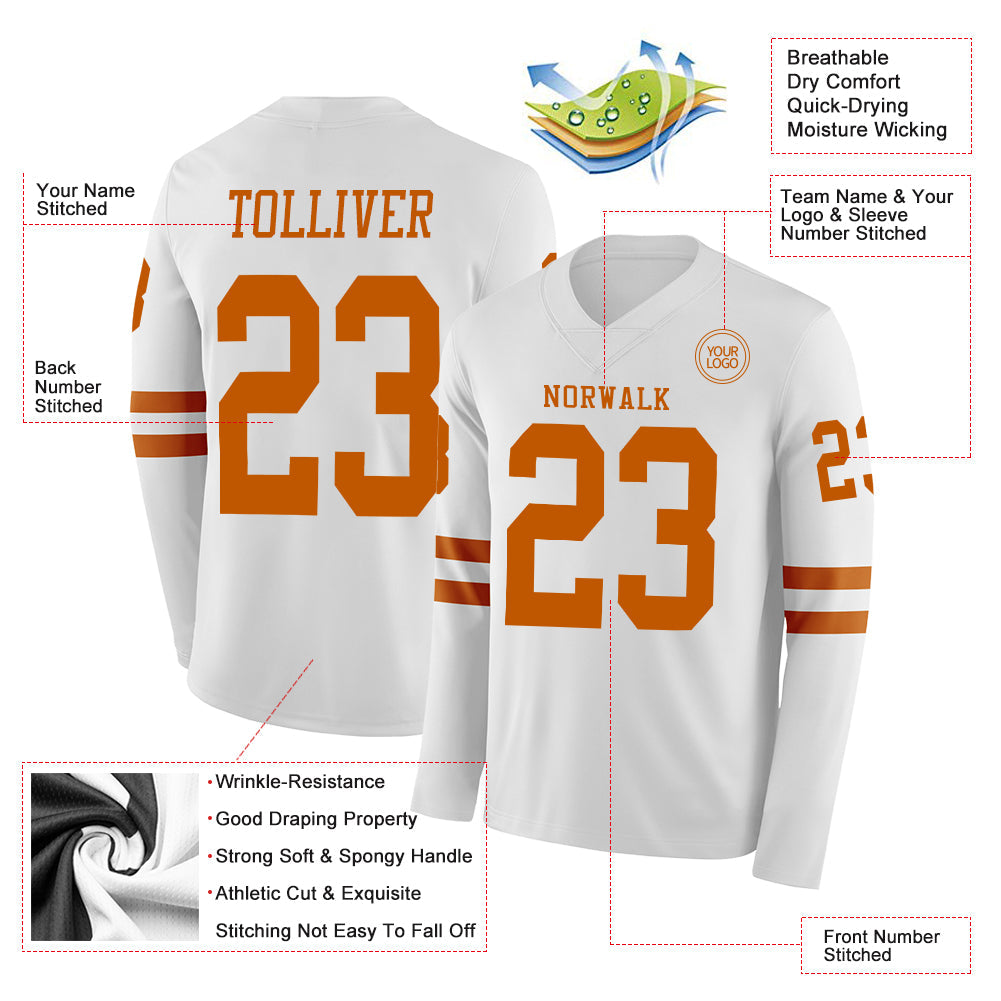 Custom White Texas Orange Long Sleeve Authentic Football Jersey