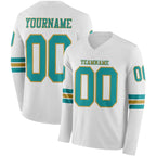 Custom White Teal-Old Gold Long Sleeve Authentic Football Jersey
