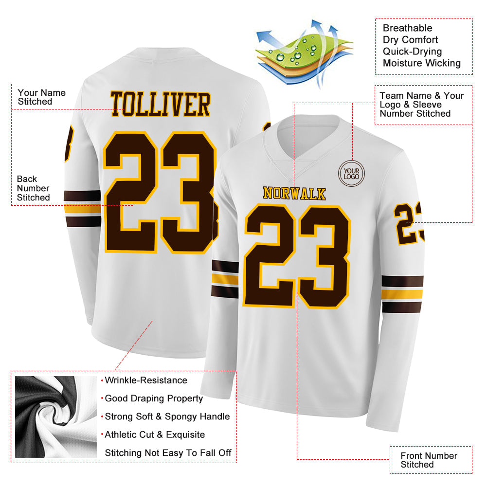 Custom White Brown-Gold Long Sleeve Authentic Football Jersey