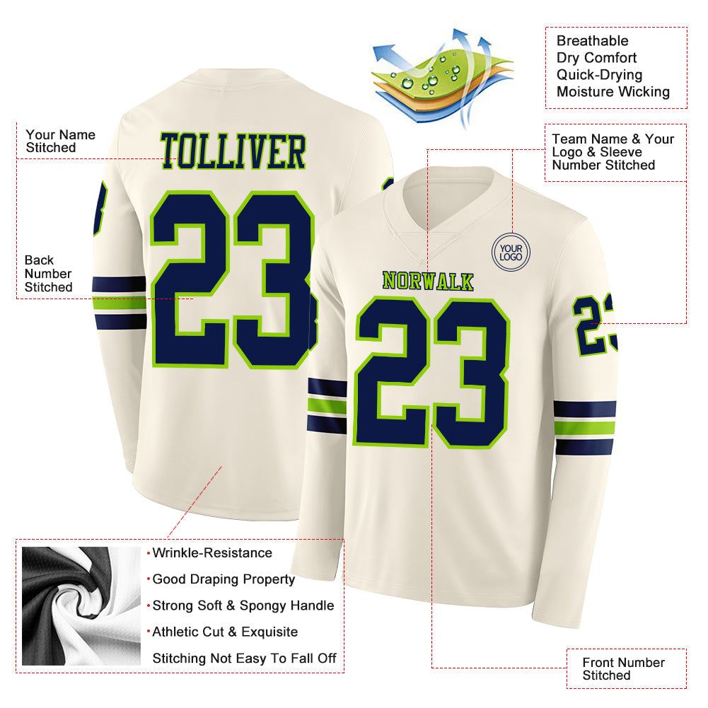 Custom Cream Navy-Neon Green Long Sleeve Authentic Football Jersey