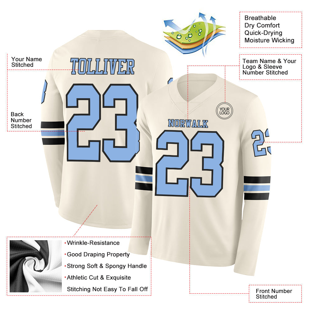 Custom Cream Light Blue-Black Long Sleeve Authentic Football Jersey