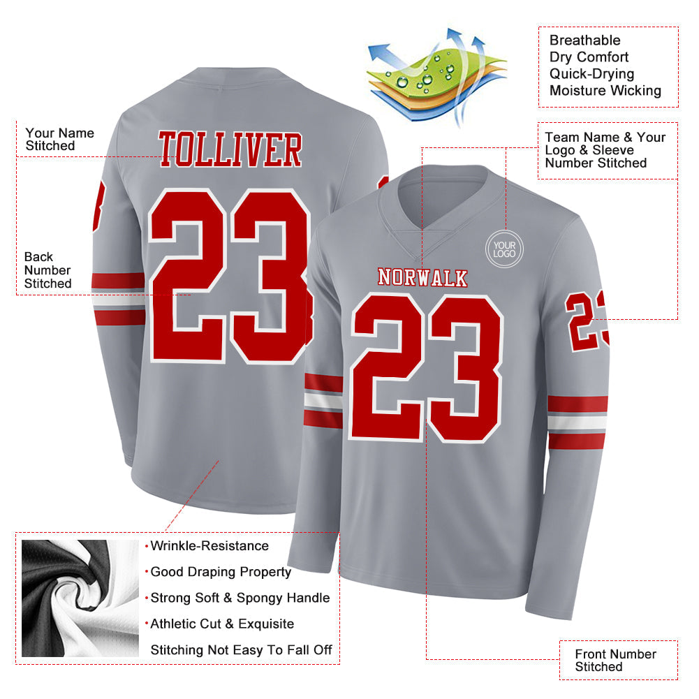 Custom Gray Red-White Long Sleeve Authentic Football Jersey