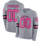 Custom Gray Pink-Black Long Sleeve Authentic Football Jersey