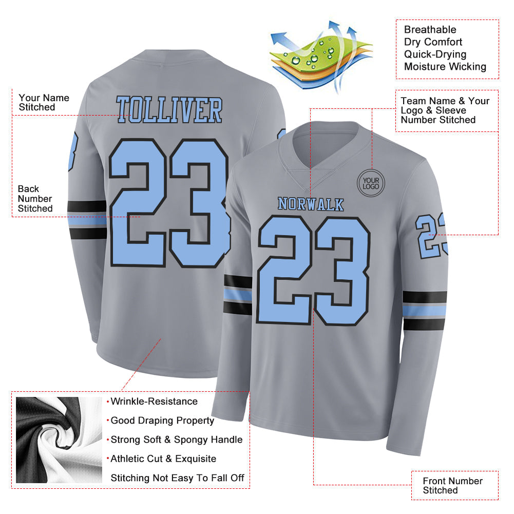 Custom Gray Light Blue-Black Long Sleeve Authentic Football Jersey