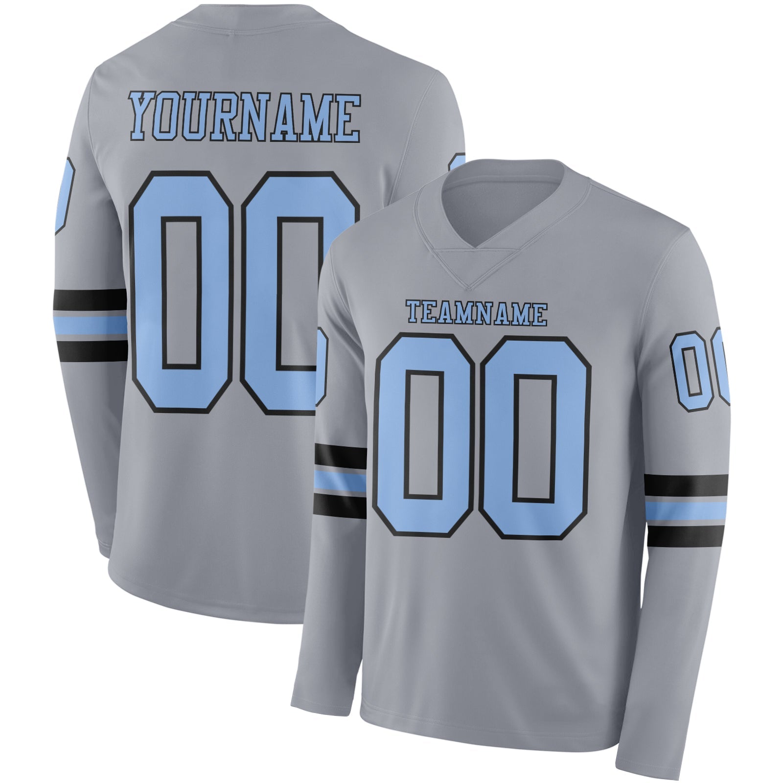 Custom Gray Light Blue-Black Long Sleeve Authentic Football Jersey