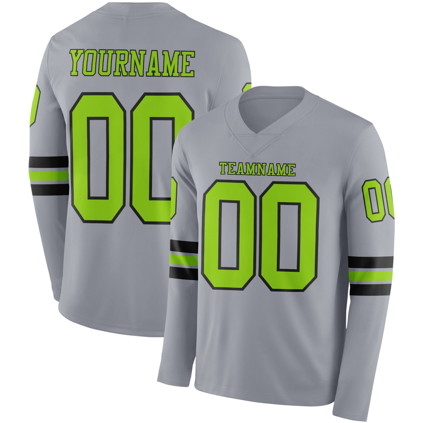 Custom Gray Neon Green-Black Long Sleeve Authentic Football Jersey