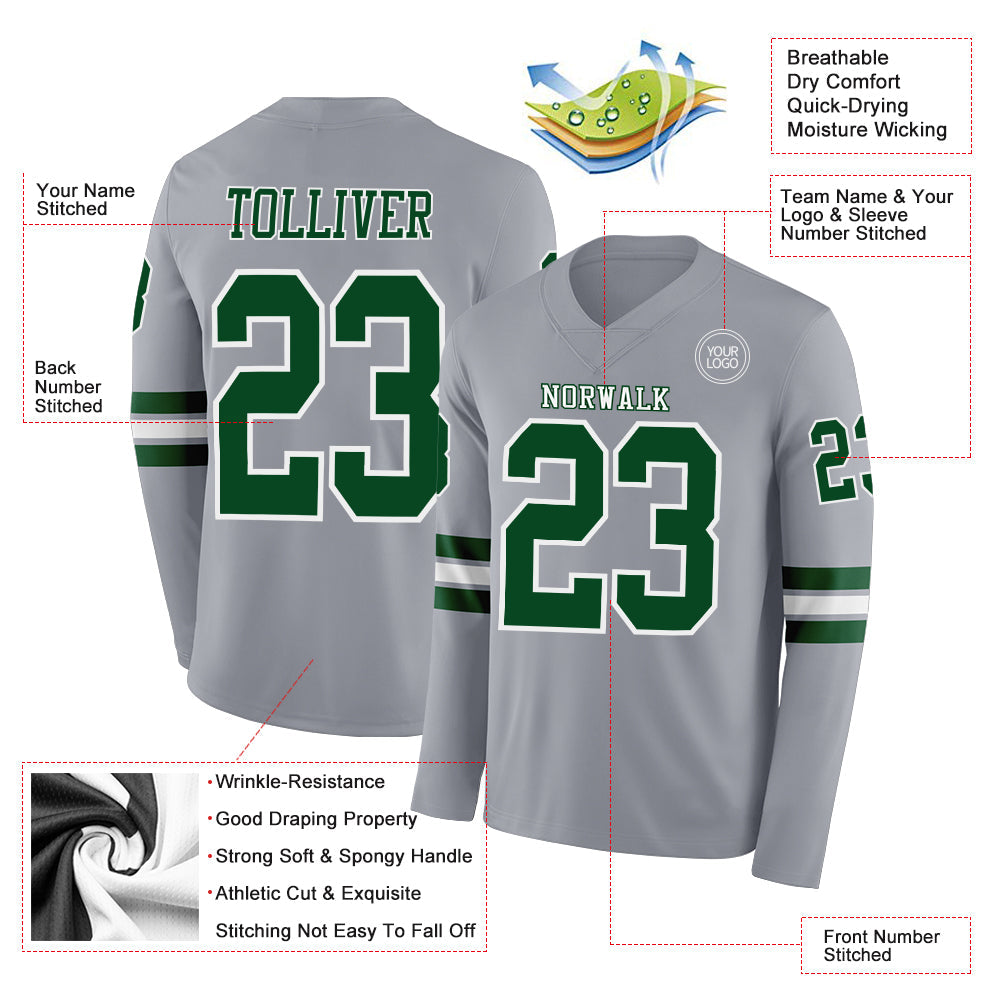 Custom Gray Green-White Long Sleeve Authentic Football Jersey