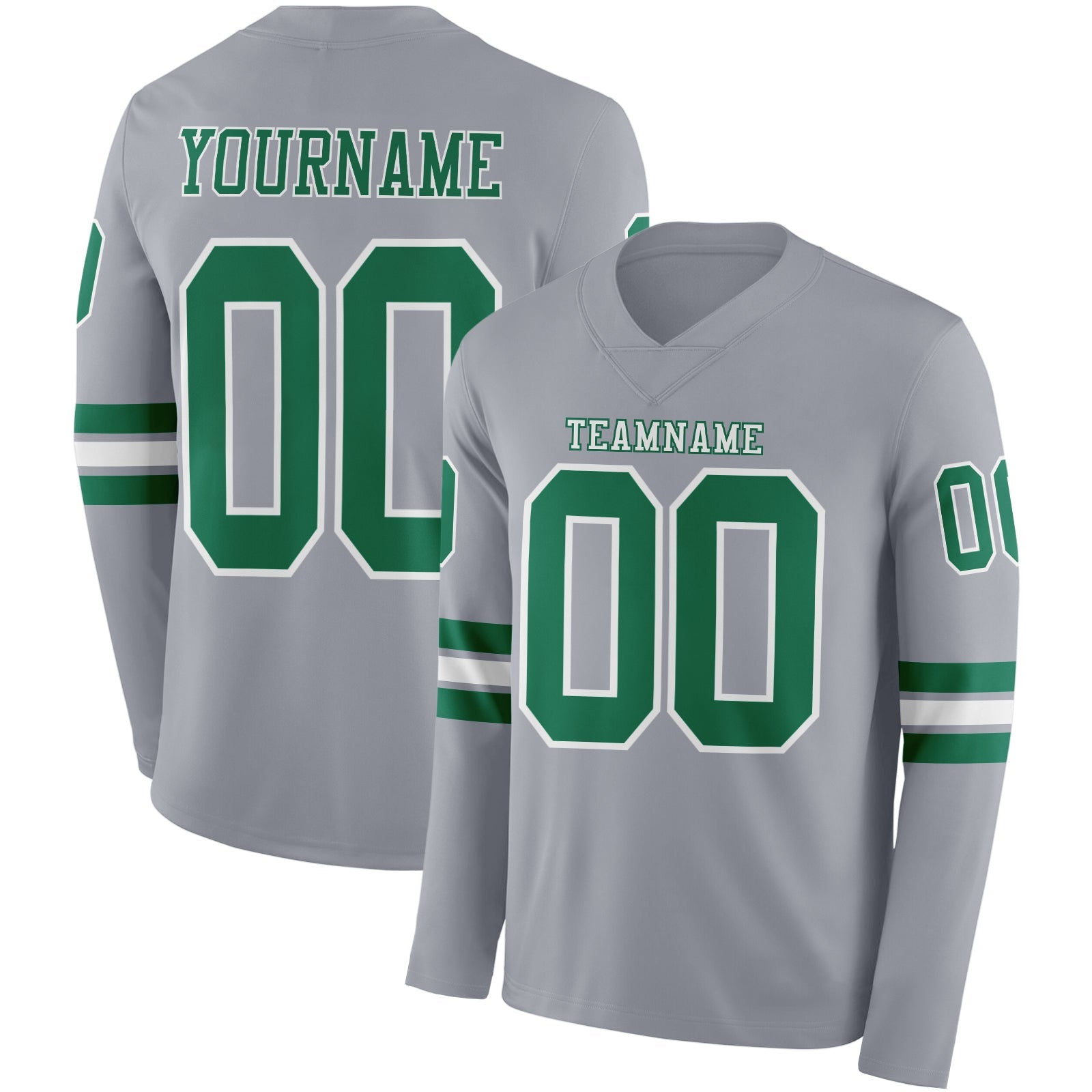 Custom Gray Kelly Green-White Long Sleeve Authentic Football Jersey