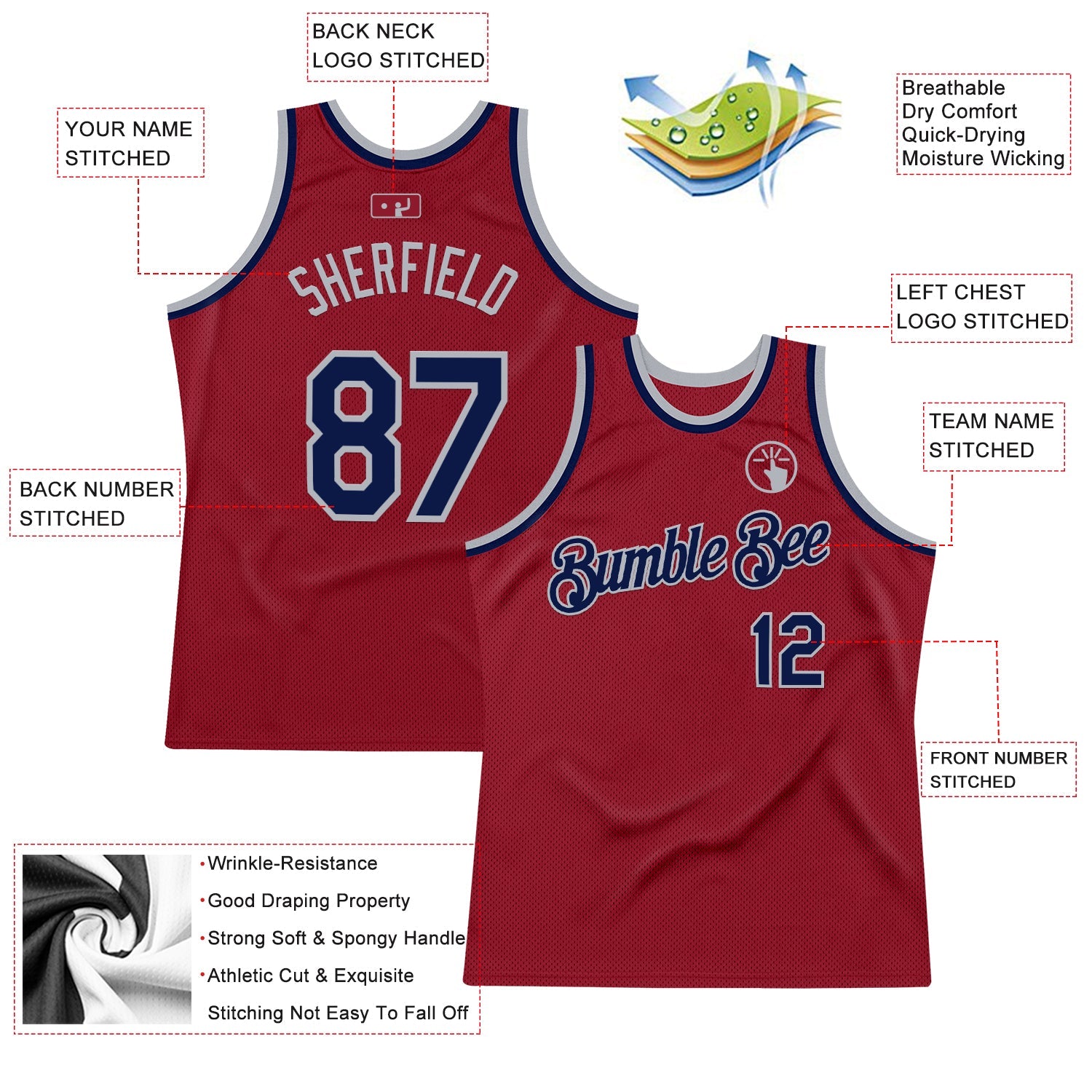 Custom Maroon Navy-Gray Authentic Throwback Basketball Jersey