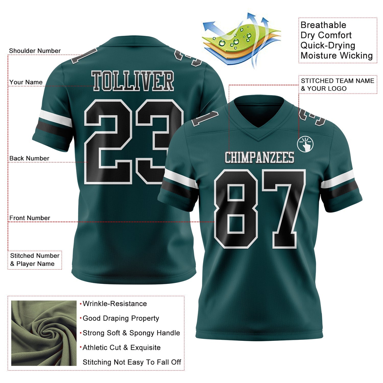 Custom Midnight Green Black-White Authentic Football Jersey