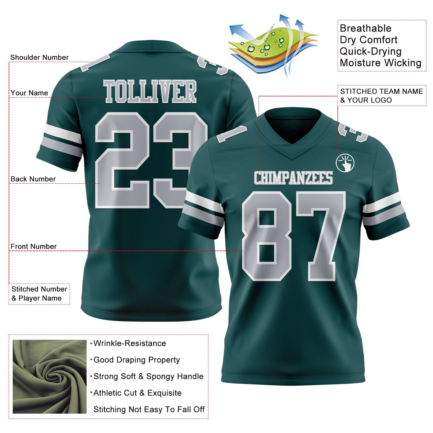 Custom Midnight Green Gray-White Authentic Football Jersey