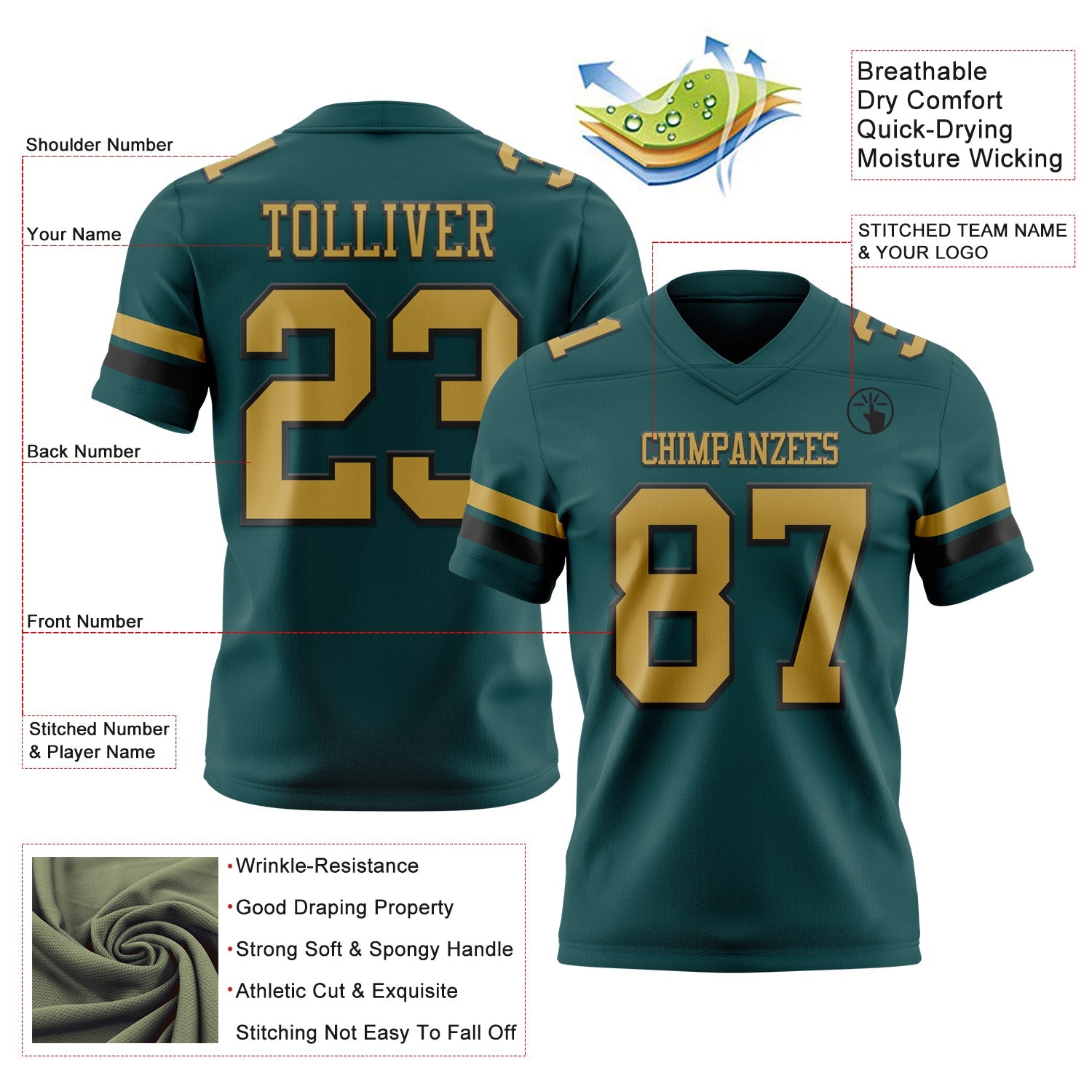 Custom Midnight Green Old Gold-Black Authentic Football Jersey