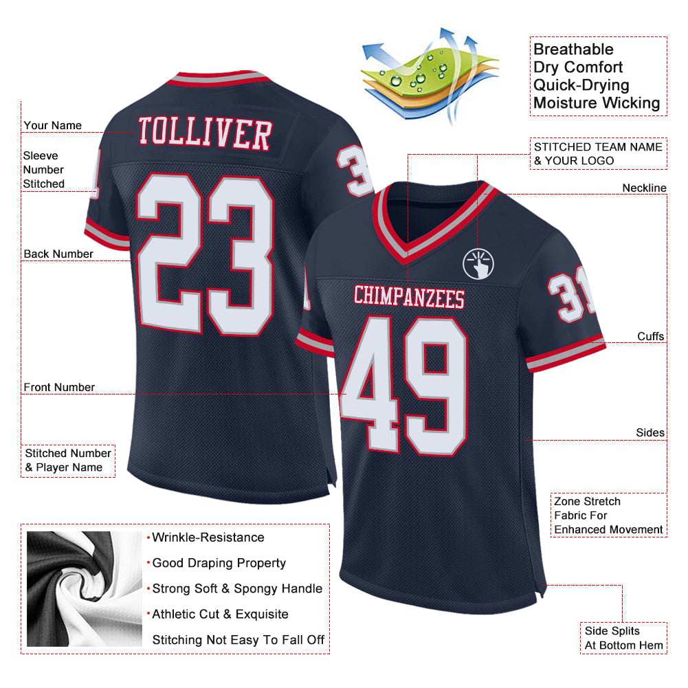 Custom Navy White Red-Gray Mesh Authentic Throwback Football Jersey