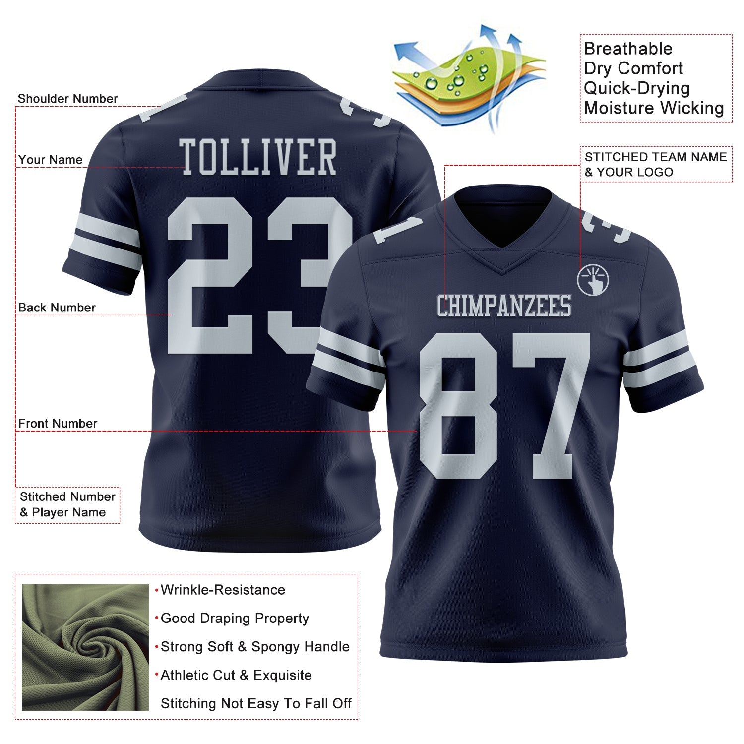 Custom Navy Silver Authentic Football Jersey