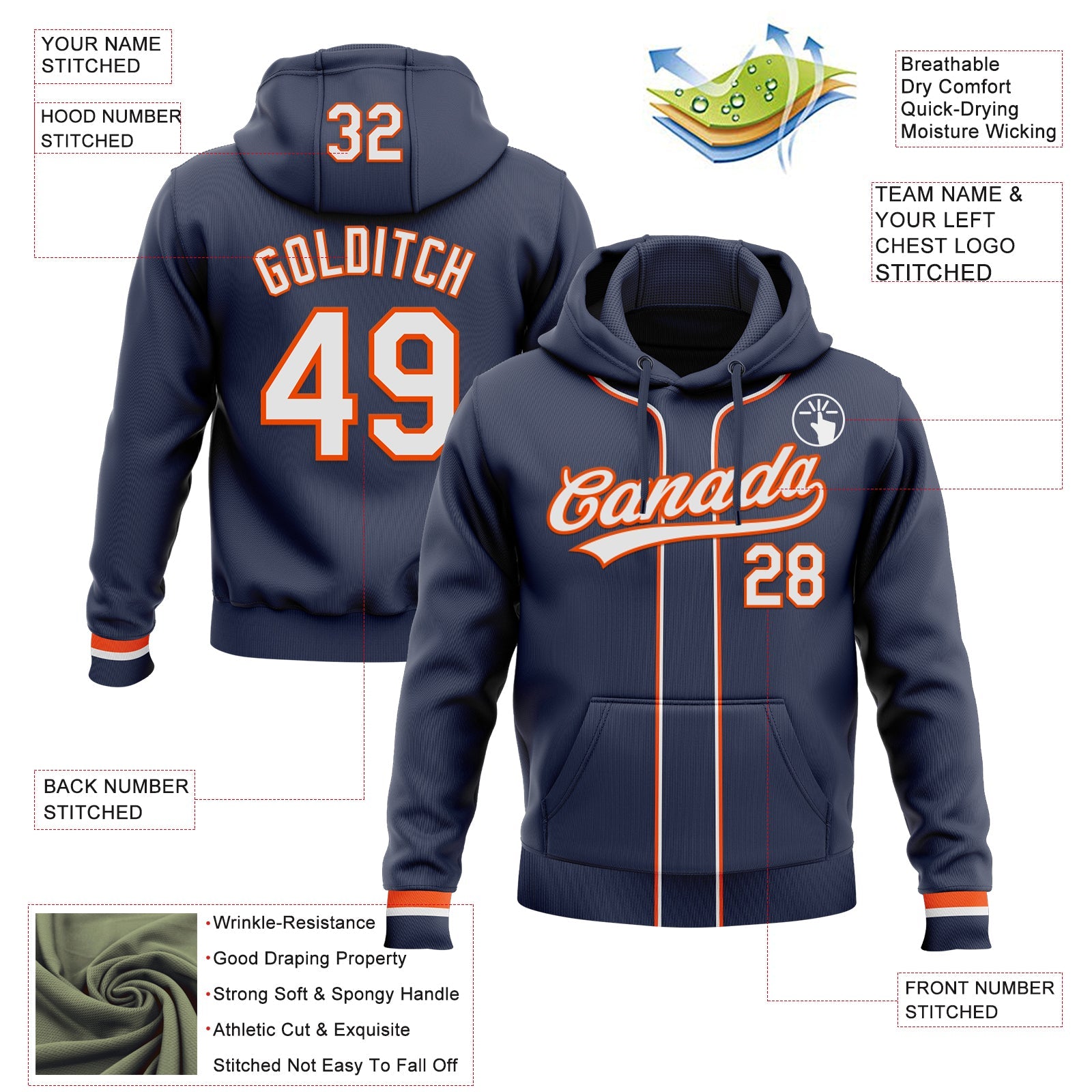 Custom Stitched Navy White-Orange Baseball Pullover Sweatshirt Hoodie