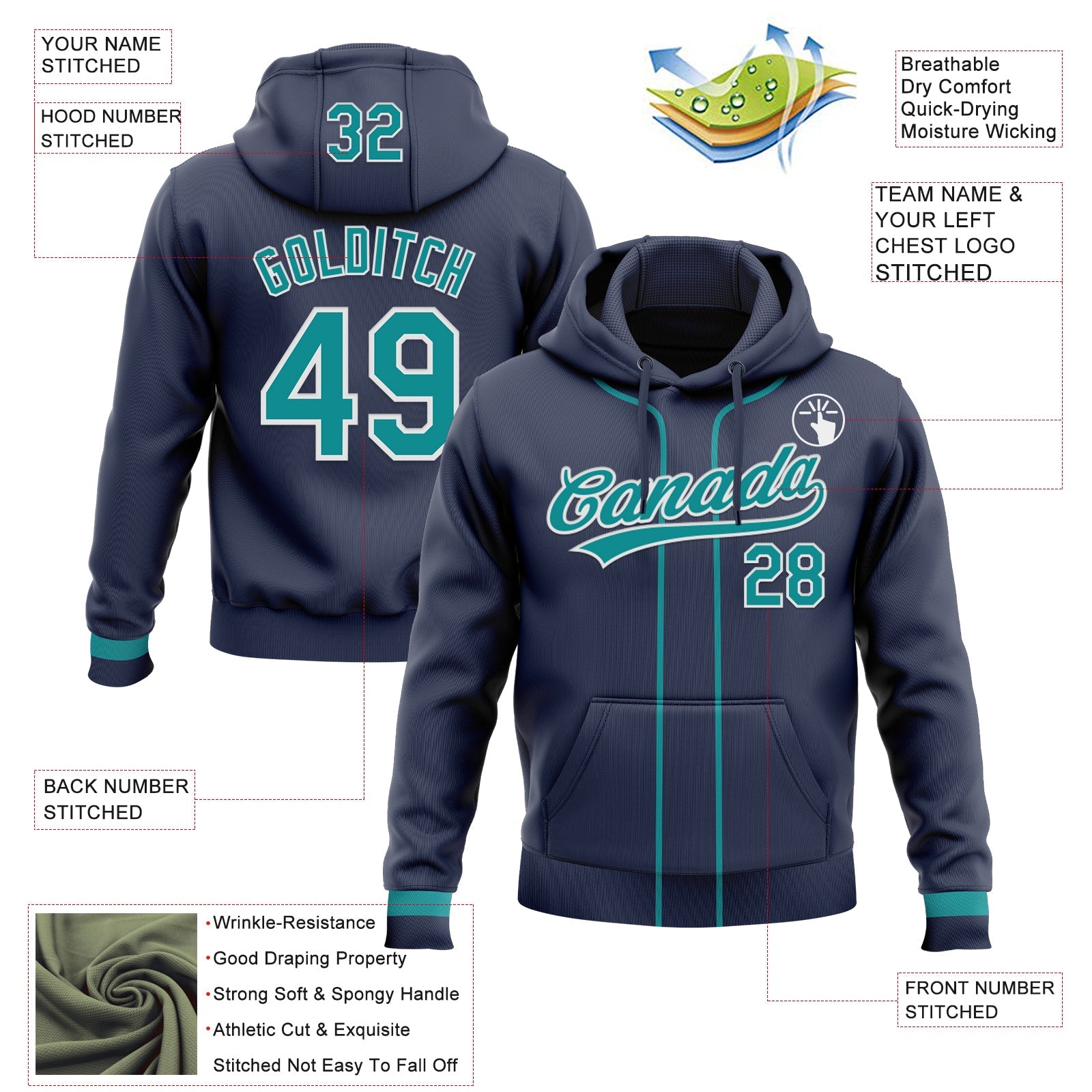 Custom Stitched Navy Teal-White Baseball Pullover Sweatshirt Hoodie