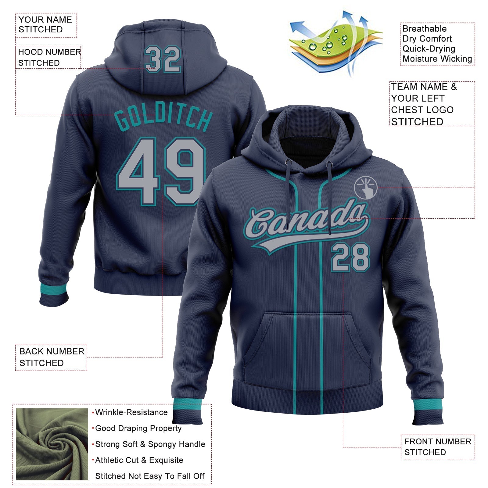 Custom Stitched Navy Gray-Teal Baseball Pullover Sweatshirt Hoodie