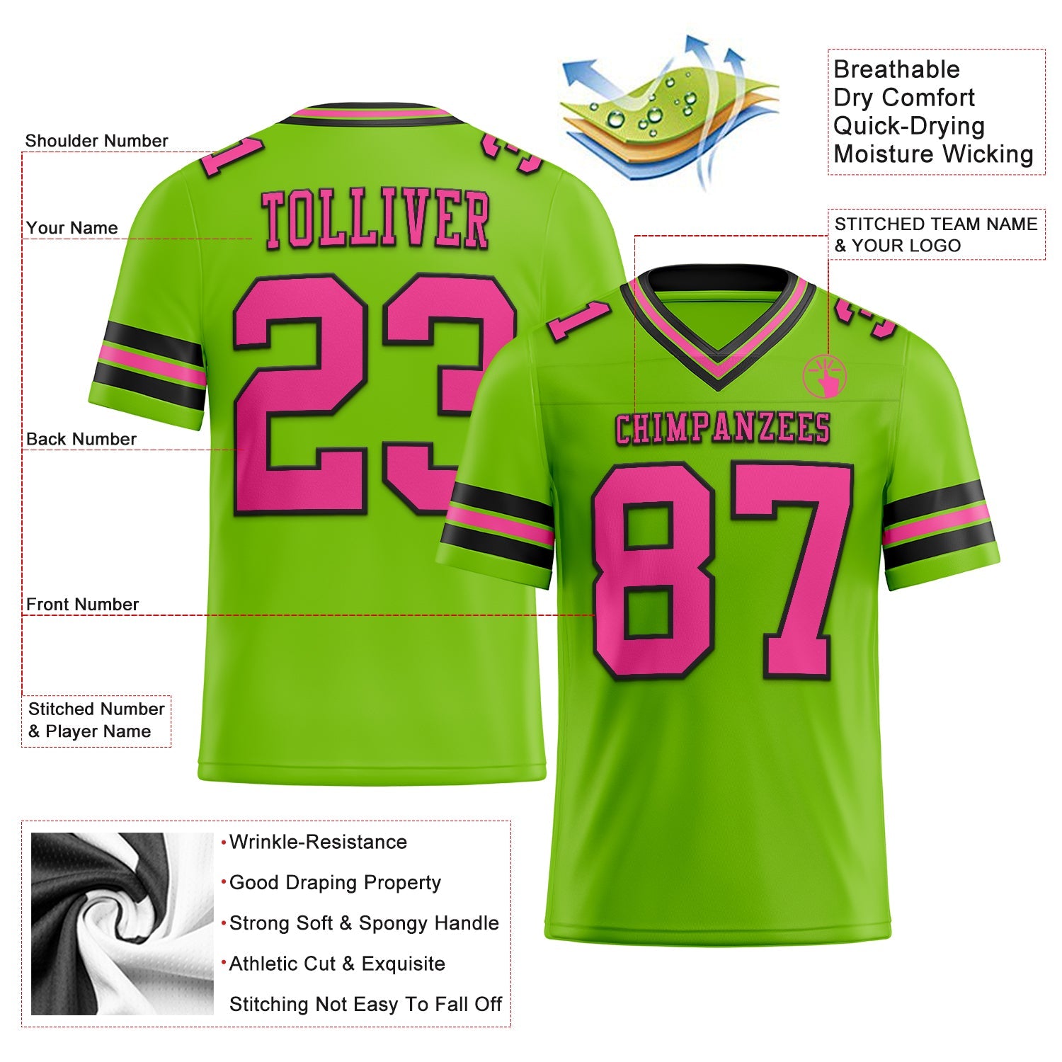 Custom Neon Green Pink-Black Authentic Football Jersey