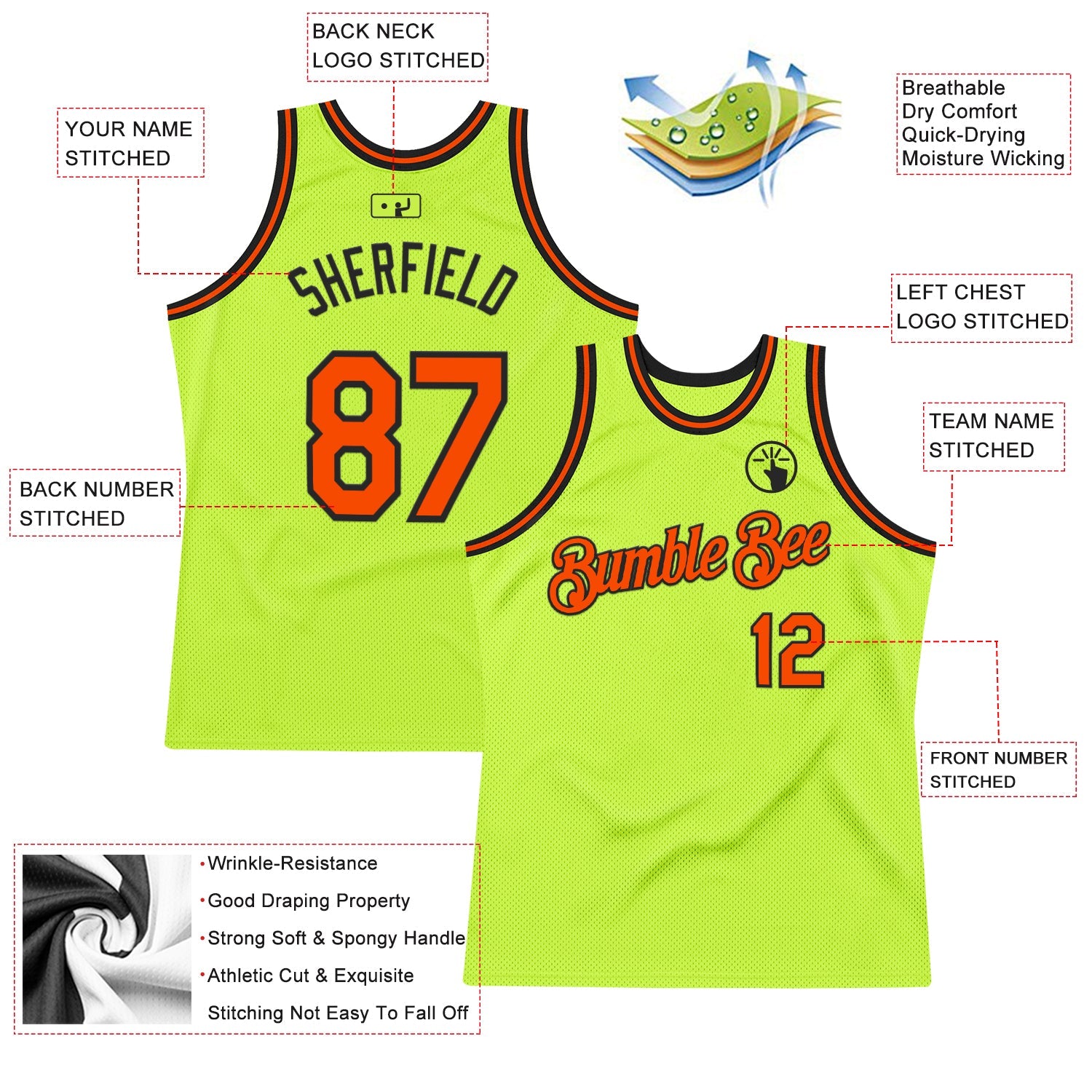 Custom Neon Green Orange-Black Authentic Throwback Basketball Jersey