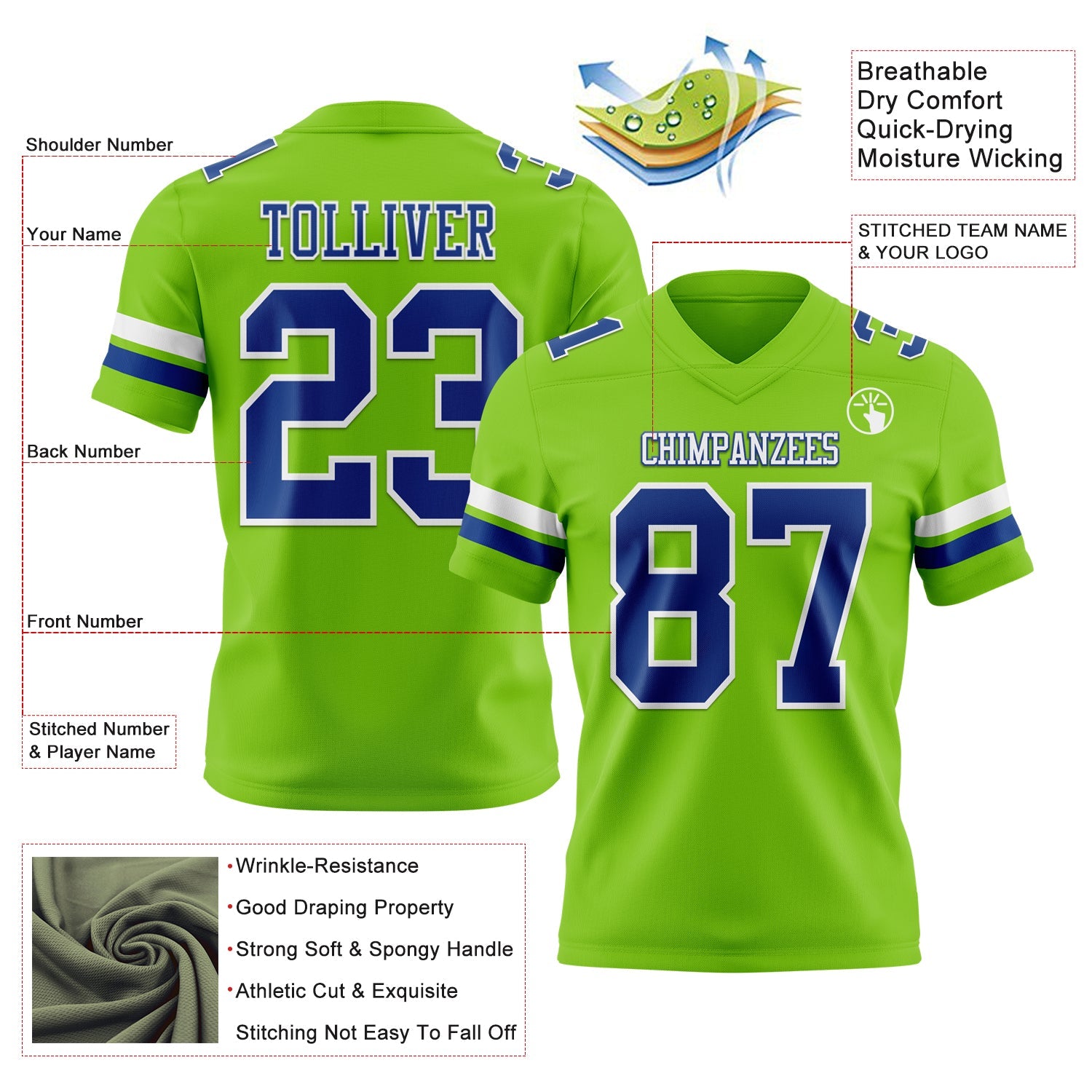 Custom Neon Green Royal-White Authentic Football Jersey