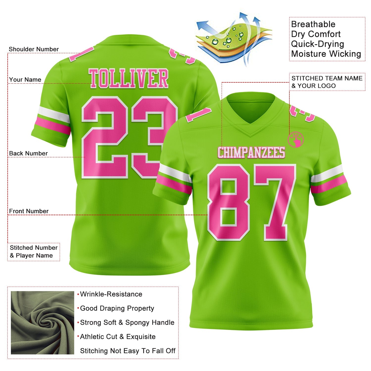 Custom Neon Green Pink-White Authentic Football Jersey