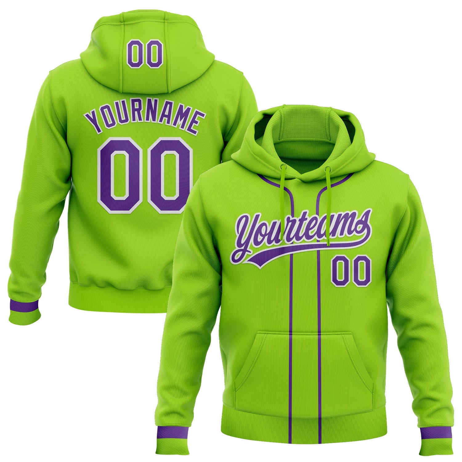 Custom Stitched Neon Green Purple-White Baseball Pullover Sweatshirt Hoodie