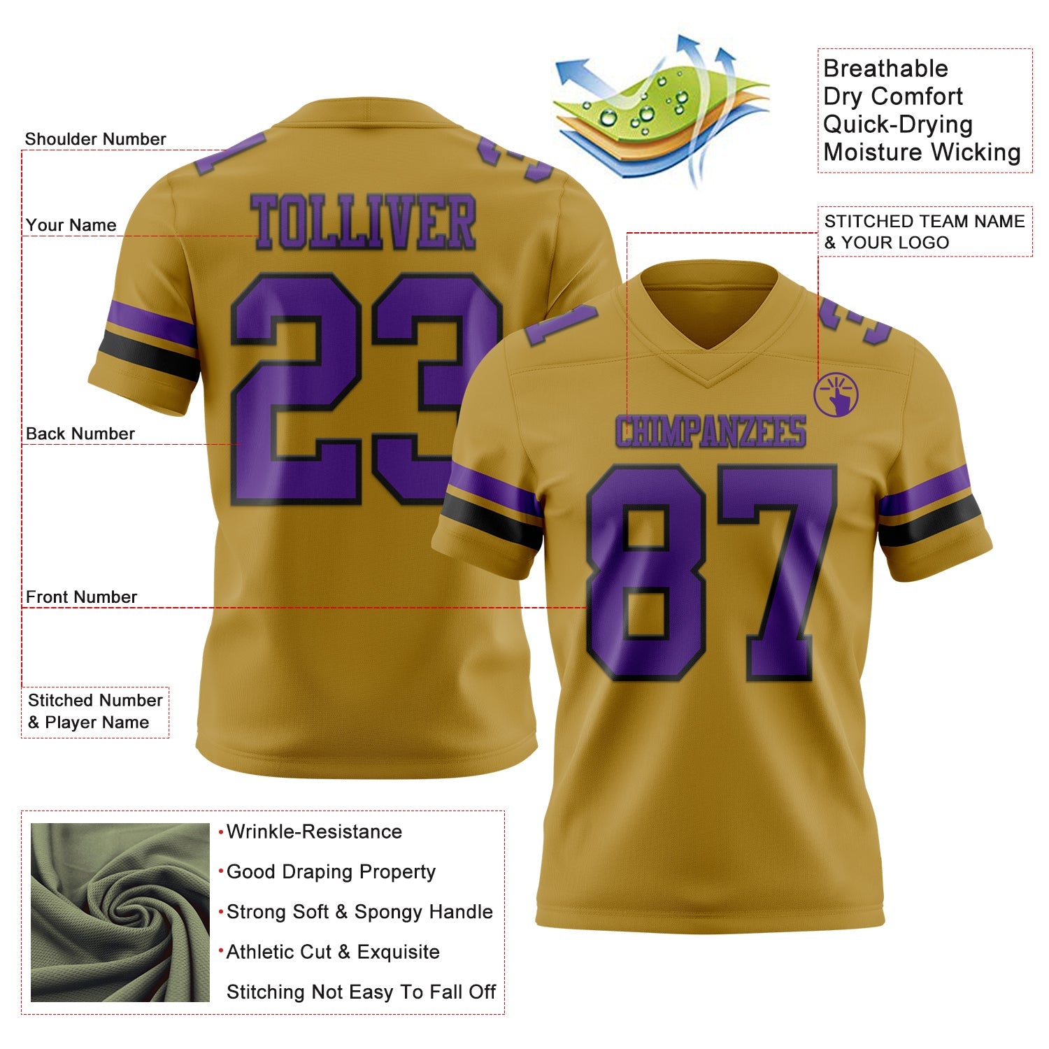 Custom Old Gold Purple-Black Authentic Football Jersey