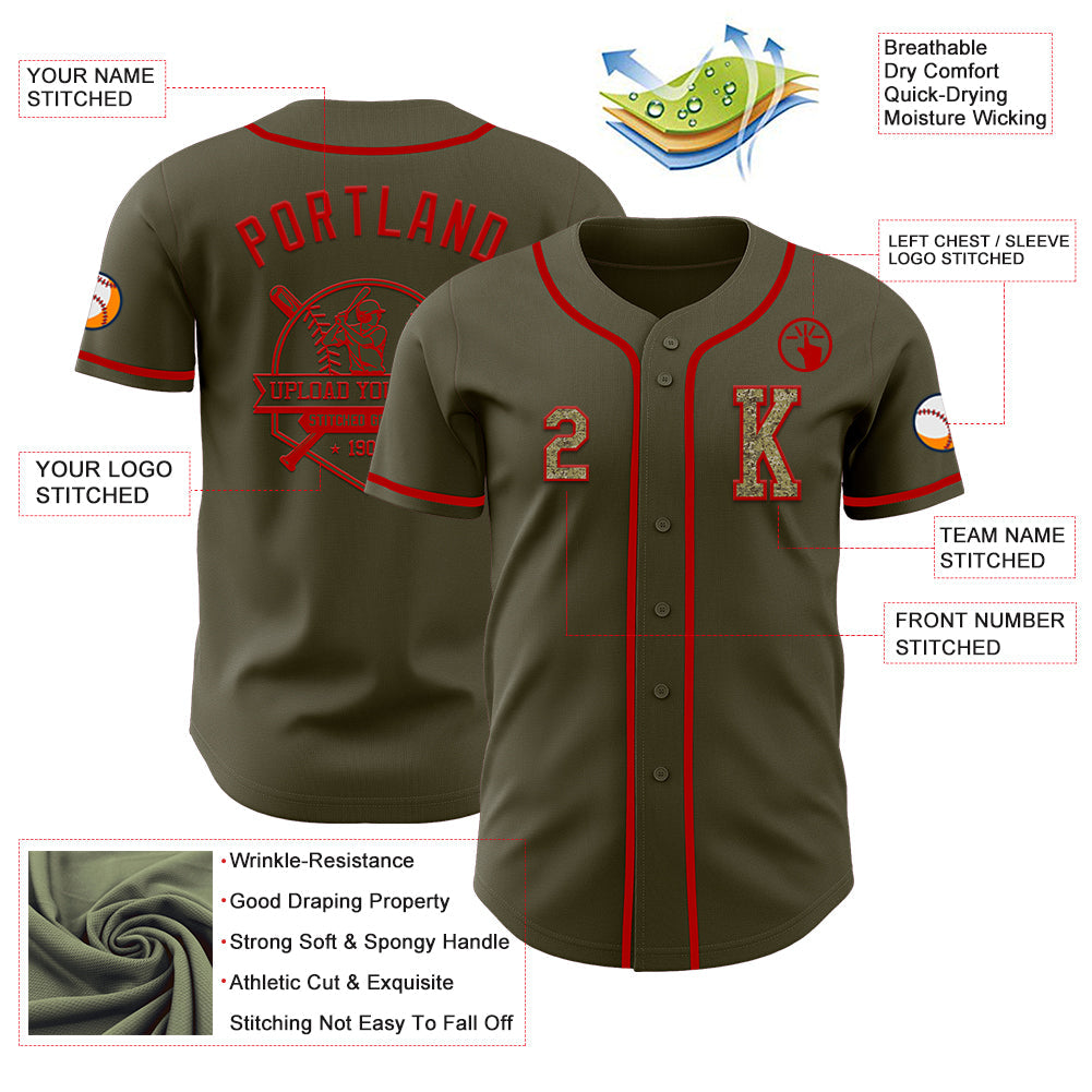 Custom Olive Camo-Red Authentic Salute To Service Baseball Jersey