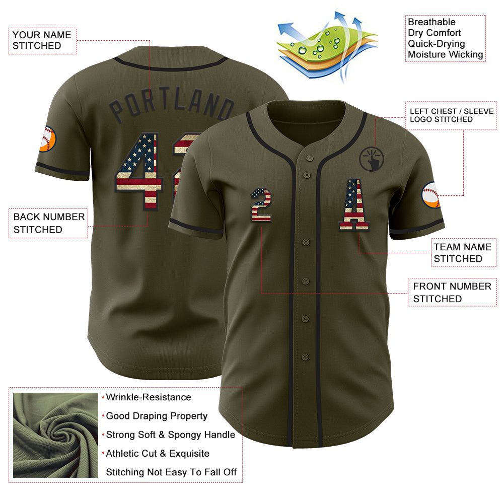 Custom Olive Vintage USA Flag-Black Authentic Salute To Service Baseball Jersey