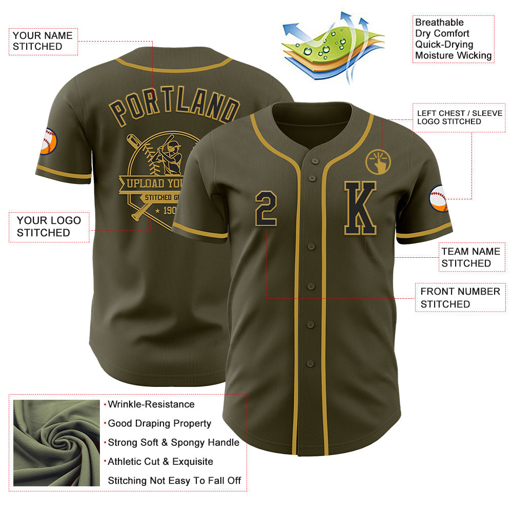 Custom Olive Black-Old Gold Authentic Salute To Service Baseball Jersey