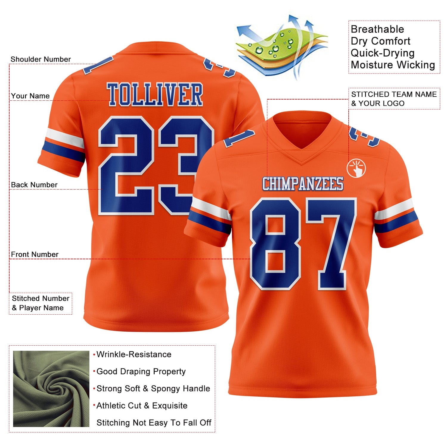 Custom Orange Royal-White Authentic Football Jersey
