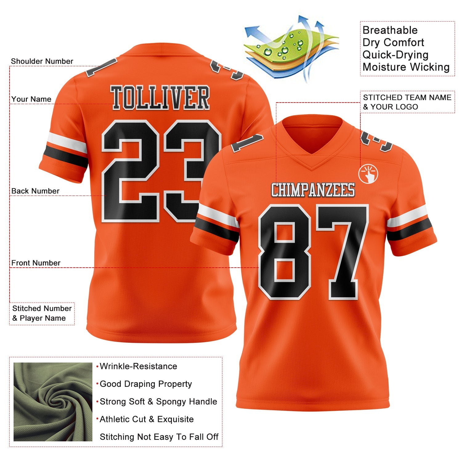 Custom Orange Black-White Authentic Football Jersey