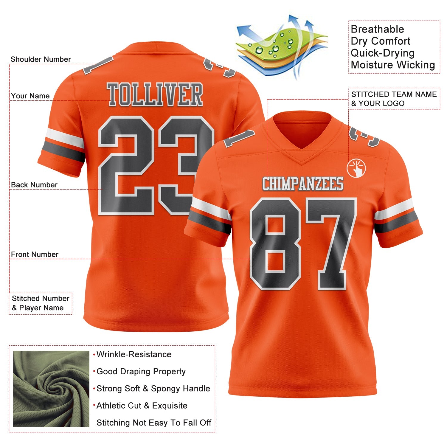 Custom Orange Steel Gray-White Authentic Football Jersey