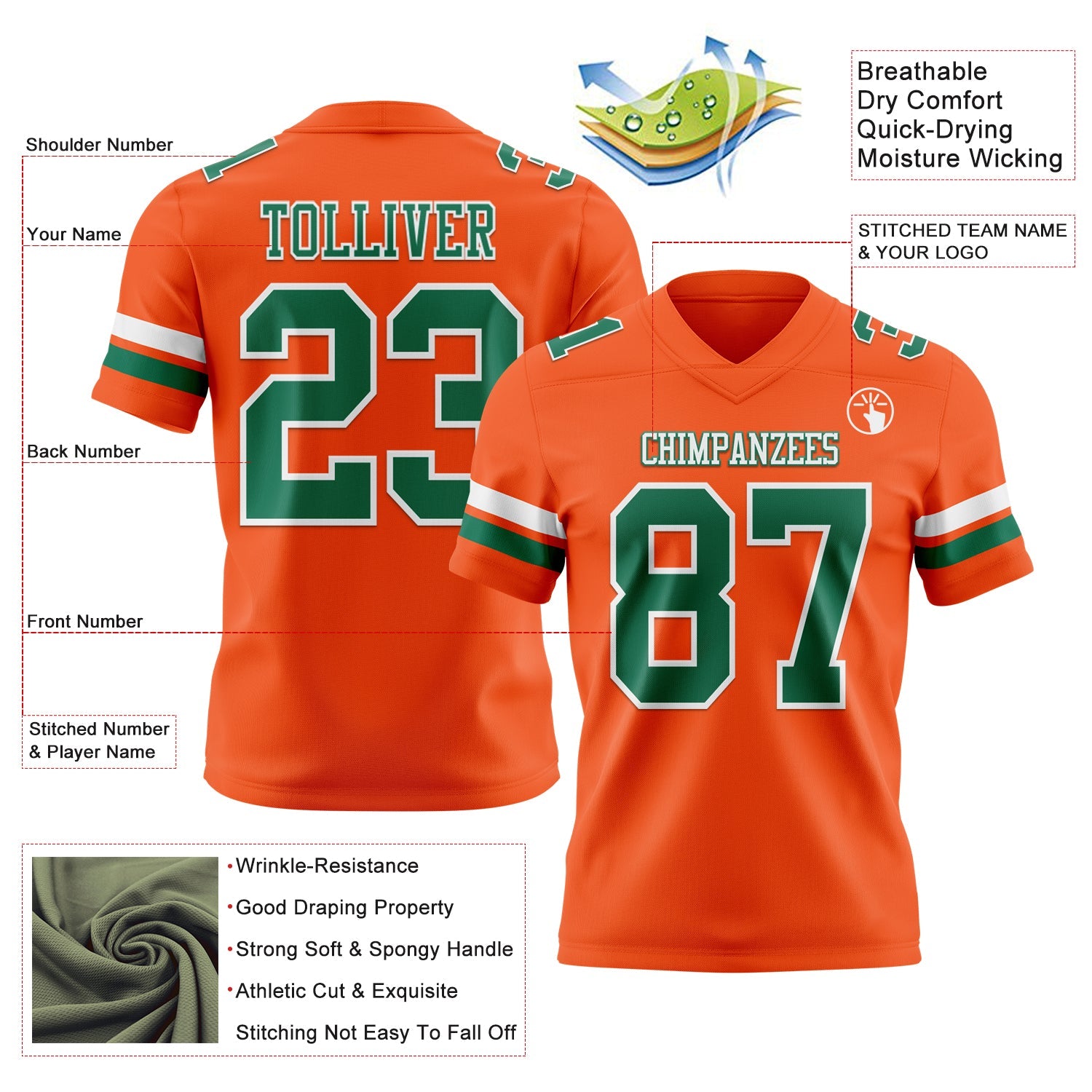 Custom Orange Kelly Green-White Authentic Football Jersey