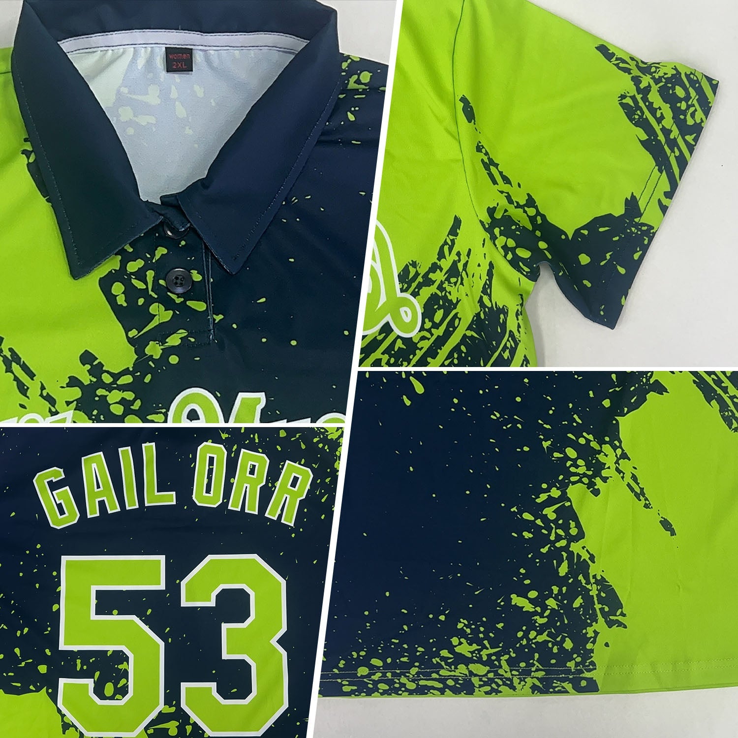 Custom Neon Green Navy-White 3D Pattern Design Abstract Brush Stroke Performance Polo Shirt