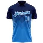Custom Navy Powder Blue-White 3D Pattern Design Gradient Square Shape Performance Polo Shirt
