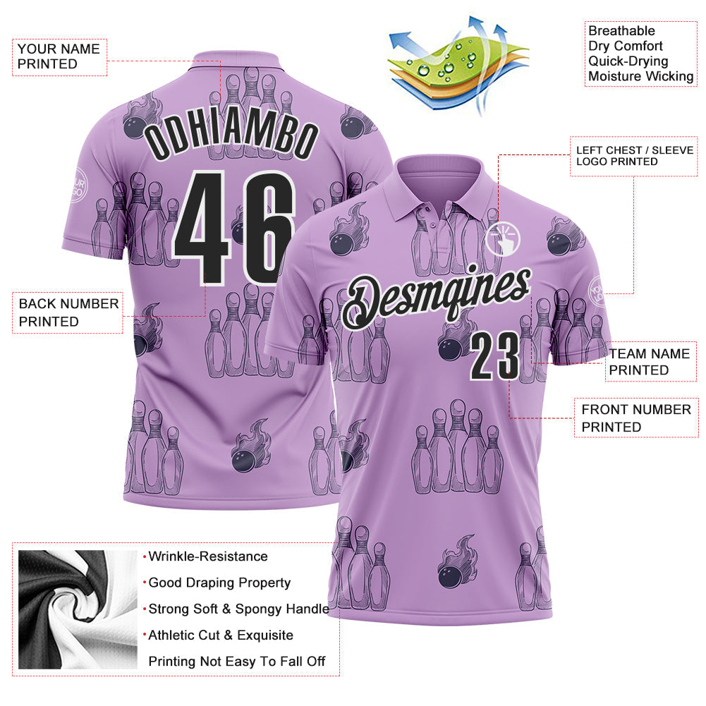 Custom Light Purple Black-White 3D Bowling Flaming Ball Performance Polo Shirt