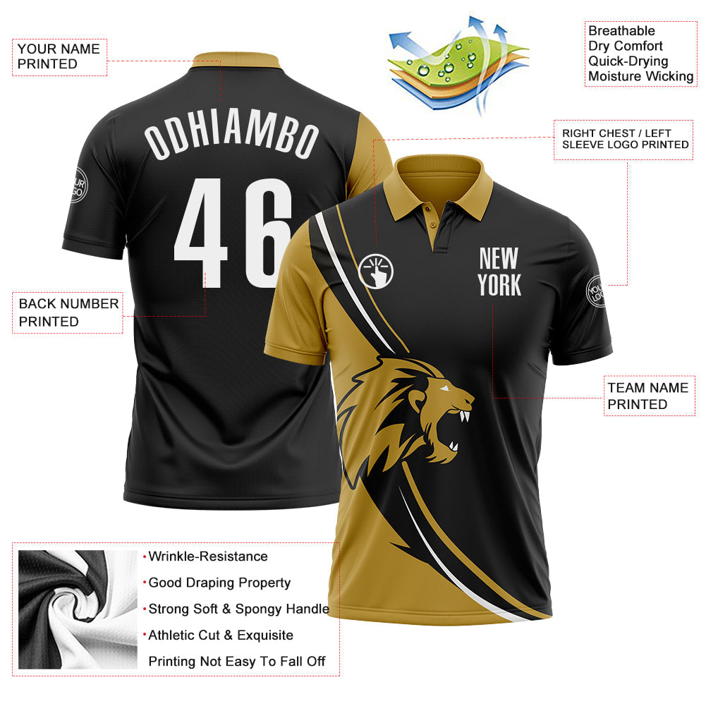 Custom Black White-Old Gold 3D Pattern Design Animal Lion Performance Polo Shirt