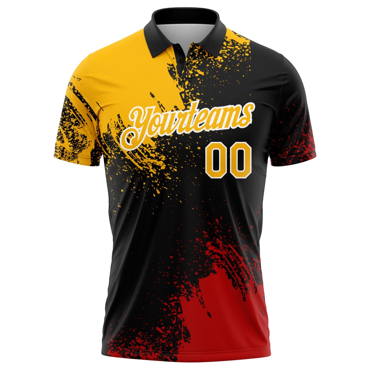 Custom Gold Black-Red 3D Pattern Design Abstract Brush Stroke Performance Polo Shirt