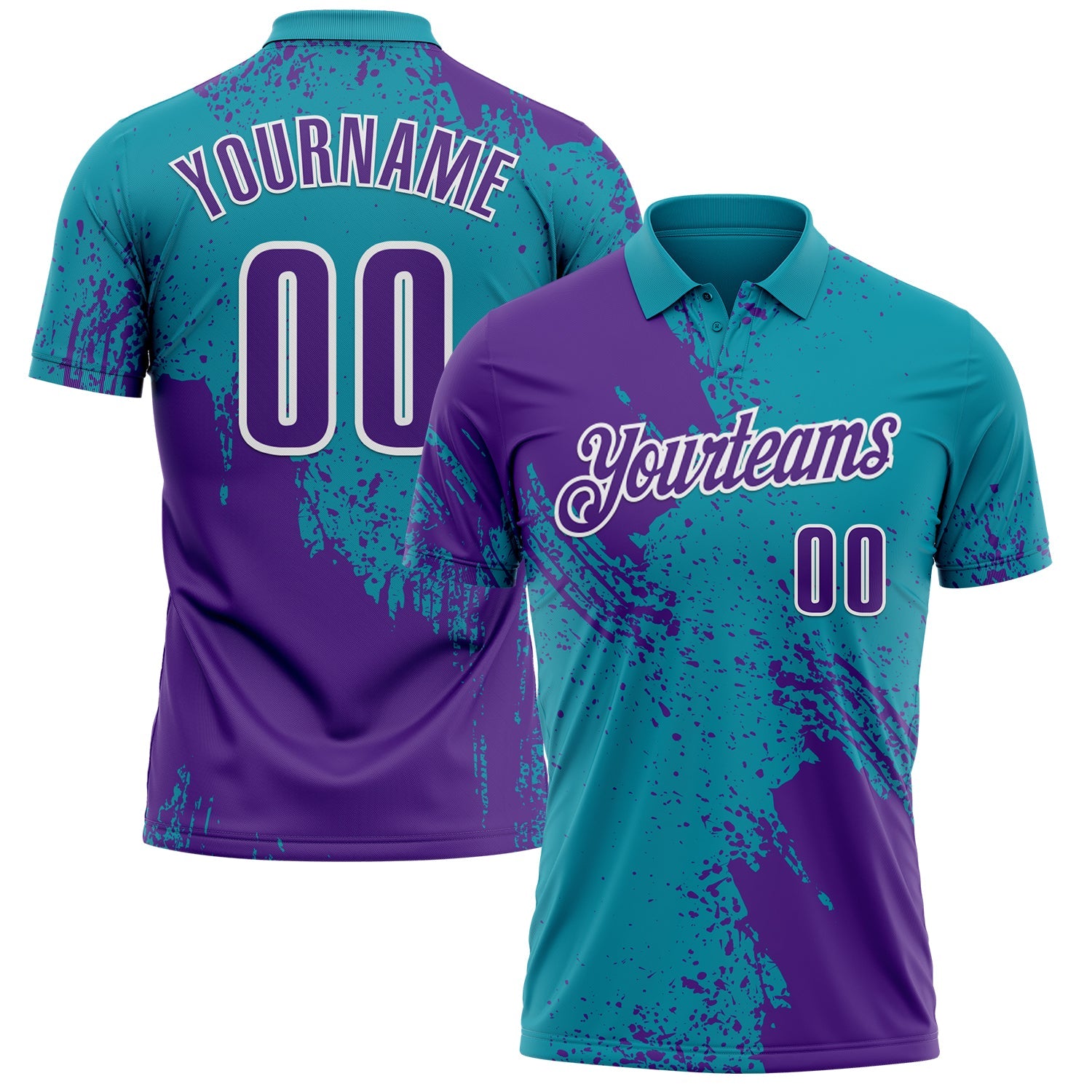 Custom Purple Teal-White 3D Pattern Design Abstract Brush Stroke Performance Polo Shirt